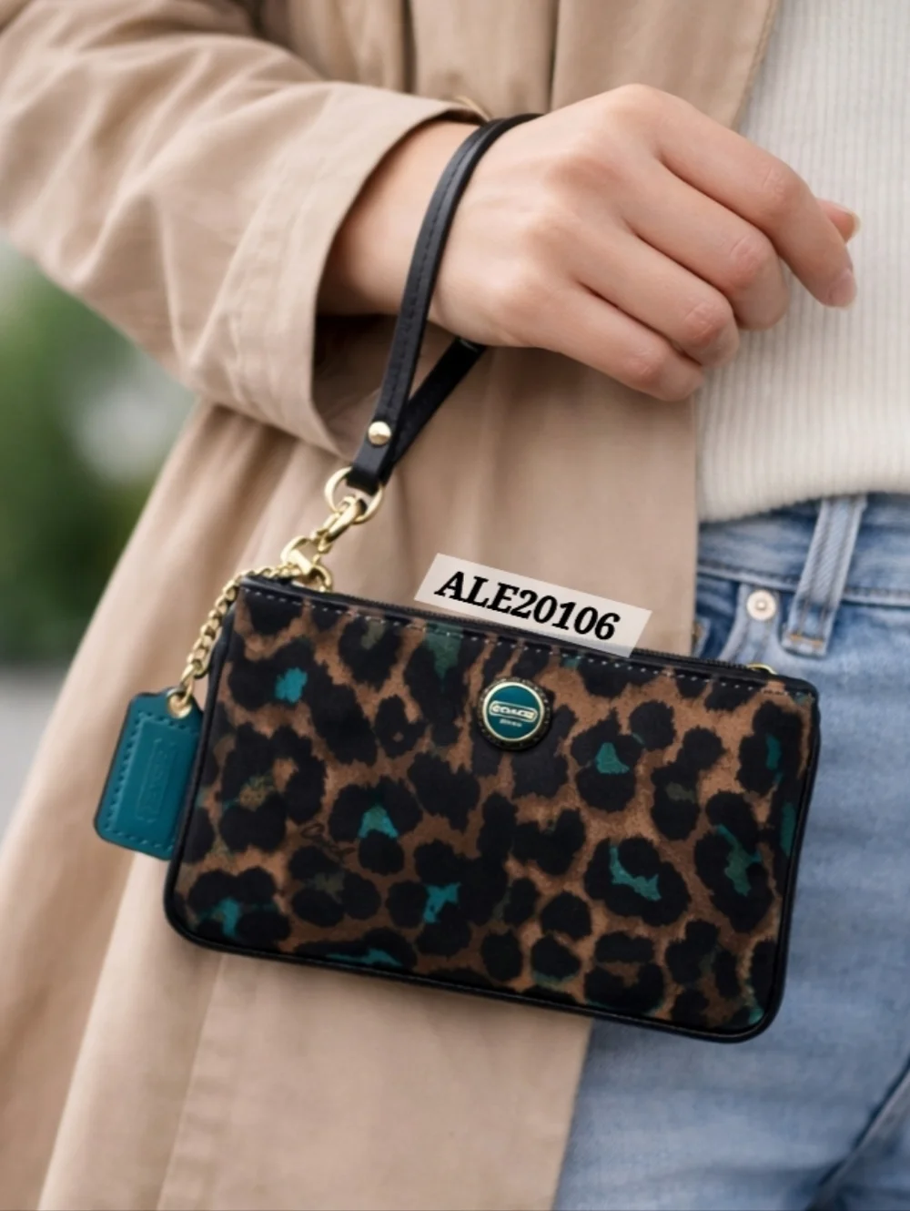 Coach Leopard Print Wristlet Zip Pouch Brown Teal Small Bag